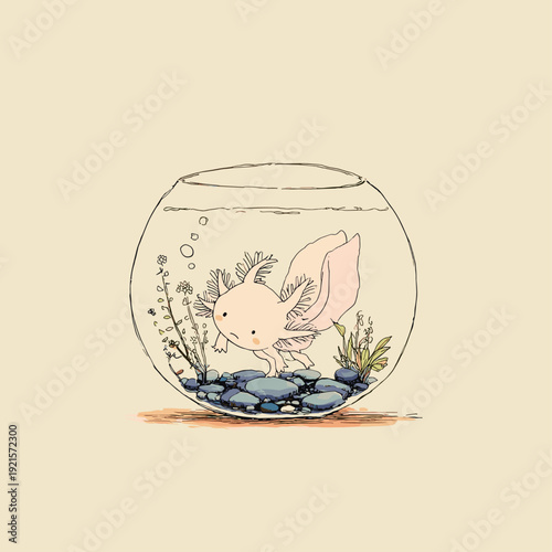 Cute Axolotl Swimming in Glass Fishbowl