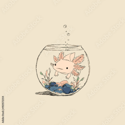 Cute Axolotl Swimming in Glass Fishbowl