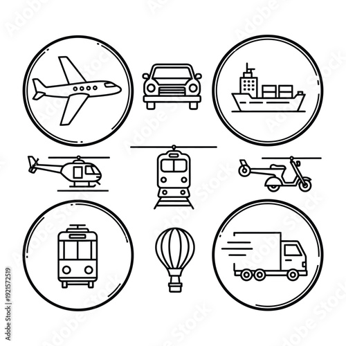 Transport Icons: A collection of various transportation modes are artfully displayed within circular frames, offering a glimpse into the movement of goods and people across land, sea, and air. 