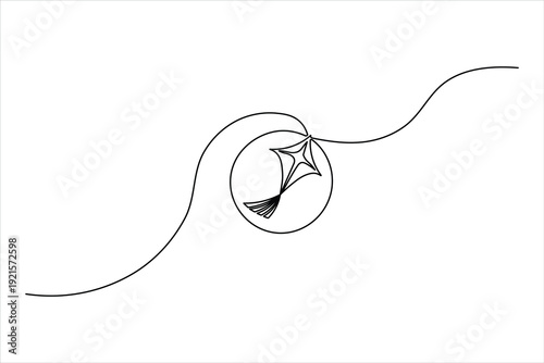 A minimalist one-line drawing of a kite enclosed in a circle frame, creating a clean emblem-style design in a modern, continuous line art style.