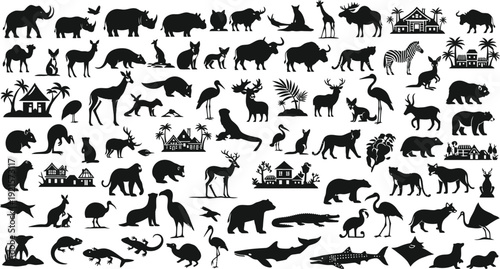 Collection of black silhouettes of various animals and a few buildings on white background