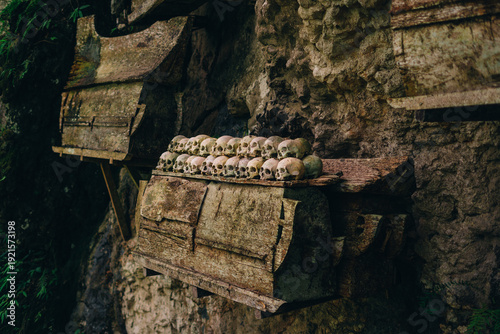 Ancient Wooden Coffins on Limestone Cliff in Toraja, Indonesia