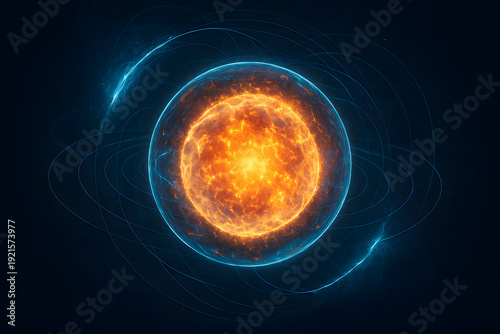 Futuristic clean energy concept featuring a hydrogen fusion reactor core with vibrant glowing plasma and electromagnetic field lines.