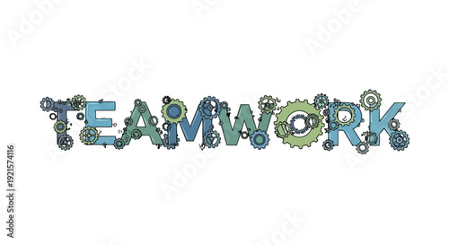 Mechanical typography illustrating 'TEAMWORK' with an intricate assembly of diverse, interconnected gears, representing seamless collaboration,