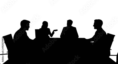 Silhouette of four people sitting around a table in a meeting