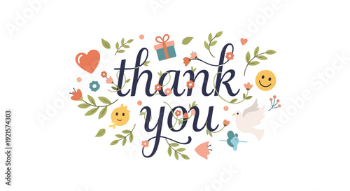 A beautifully stylized "Thank You" message adorned with charming illustrations of nature and heartfelt symbols, conveying gratitude and warmth.