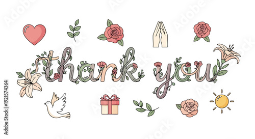 Whimsical Floral Thank You Illustration with Heart Dove and Gift Embellishments