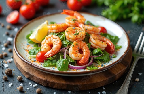 Shrimp salad with greens cherry tomatoes and lemon wedge on plate. Delicious seafood dish with fresh herbs and red onion. Healthy meal for lunch or dinner.