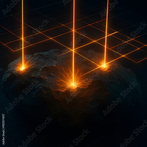 Futuristic 3D concept of deep space mining featuring an asteroid laser extraction grid with glowing plasma rays and energy nodes.