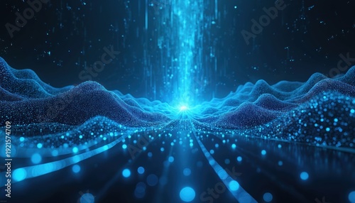 Wallpaper Mural Abstract blue digital landscape with glowing light beams. Data streams flow creating mountain shapes. Futuristic background depicts tech growth. Network connection concept. Torontodigital.ca