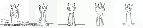Line art of a Muslim woman standing praying gesture in Ramadan back view