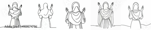 half body Line art of a Muslim woman standing praying gesture in Ramadan back view