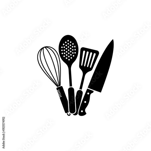Kitchen Utensils Set Black Silhouette Illustration.