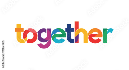 A dynamically colored typographic rendition of the word 'together' showcasing a fusion of diverse hues to symbolize unity, collaboration, and
