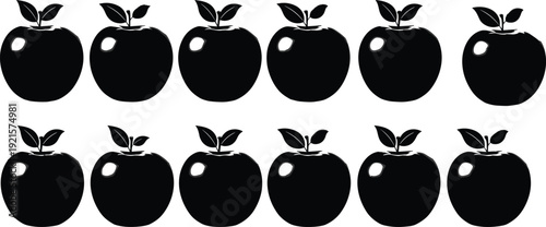 Apple silhouette icon set illustration featuring fresh fruit shapes with leaves isolated on white background minimal black vector design collection