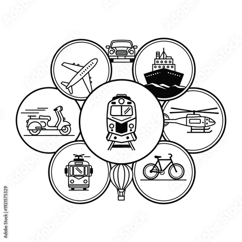 Transportation Icons: A collection of meticulously designed transportation icons, encompassing various modes of transport in a circular arrangement, symbolizing the diverse ways we traverse the world.