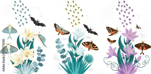 Butterflies and flowers in a colorful garden scene with various plant species and insects
