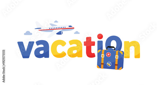 Colorful Vacation Travel Illustration with Airplane and Luggage for Journey Planning and Holiday Destinations