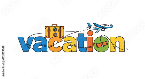 Colorful vacation word art with a vintage suitcase, flying airplane, and open map, creatively representing joyful travel and relaxing holiday