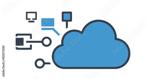 Cloud computing illustration with connected devices and data transfer symbols