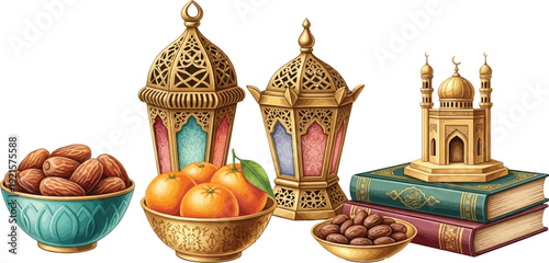Traditional Ramadan Kareem elements set with lanterns, dates, and mosque illustration