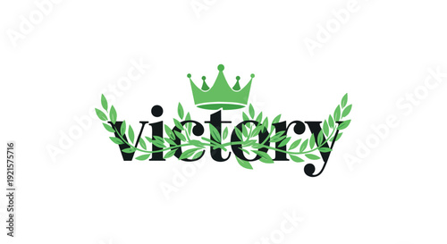 Celebrating triumph and success through a majestic green crown and intertwining natural foliage around the word 'Victory' on a clean white background