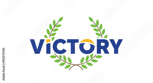 Dynamic emblem of triumph featuring bold lettering encircled by a vibrant laurel wreath, signifying success and accomplishment