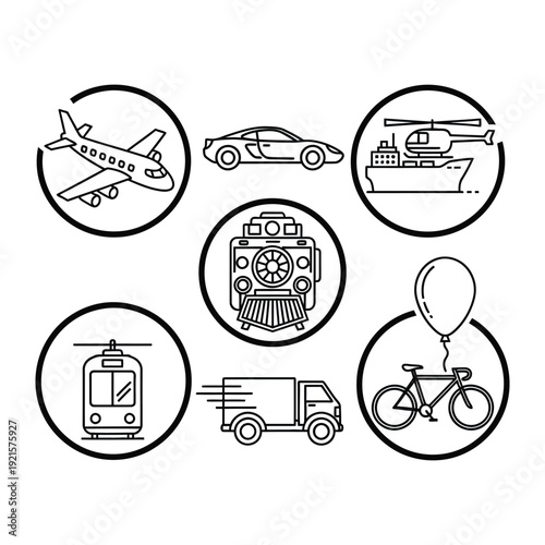 Transport Icons Set: An illustrative collection of transportation icons, each set within a circular frame, representing various modes of travel and conveying concepts of mobility and movement.