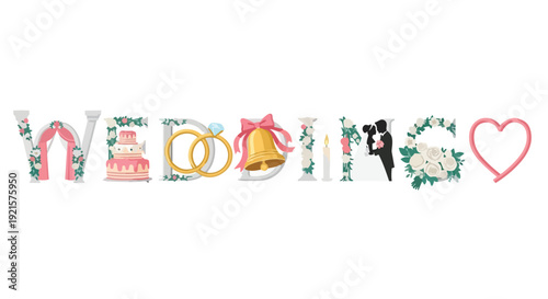 Elegant pictorial representation of the word WEDDING using classic nuptial symbols of love and celebration.