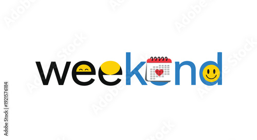 Joyful 'Weekend' typography with cheerful emoticons and a heart calendar icon symbolizing leisure and free time