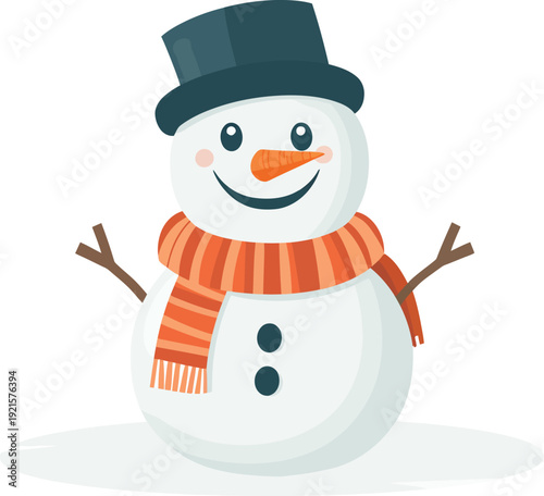 Cute smiling snowman with top hat and scarf standing cheerfully isolated