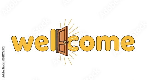 An inviting graphical representation of entry, featuring an open door with radiant glow, symbolizing warmth, new opportunities, and a friendly