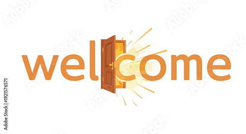 An inviting conceptual graphic showing a radiant open door with bright light, symbolizing new beginnings and a warm reception for visitors entering