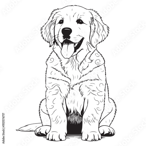 Golden retriever puppy sitting patiently in detailed realistic line art style illustration