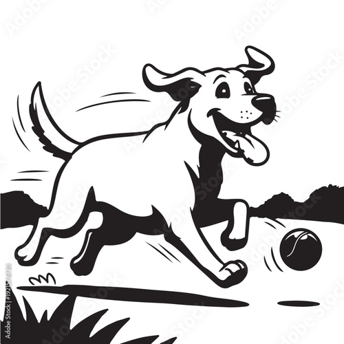 Playful labrador dog running after ball outdoors in dynamic black and white comic drawing