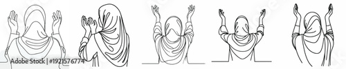 half body Line art of a Muslim woman standing praying gesture in Ramadan back view
