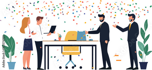 Happy business team celebrating success with confetti in modern office environment