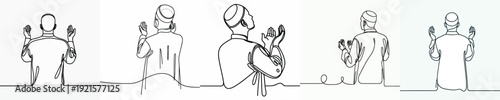 half body Line art of a Muslim man standing praying gesture in Ramadan back view
