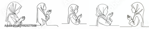 half body line art of a Muslim girl standing praying gesture in Ramadan side view