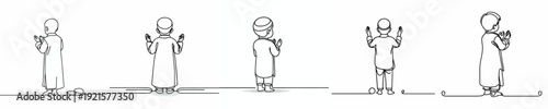 Line art of a Muslim boy standing praying gesture in Ramadan back view