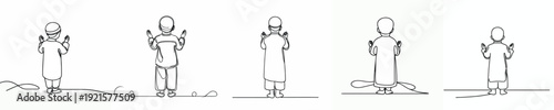 Line art of a Muslim boy standing praying gesture in Ramadan back view