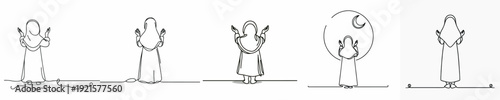 Line art of a Muslim girl standing praying gesture in Ramadan back view