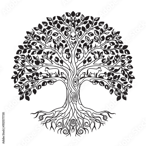 Tree of life with intricate roots and branches, featuring hidden animals, black and white