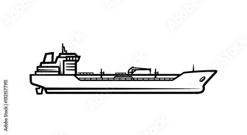 A detailed black and white illustration of a large cargo ship, a tanker, sailing on the sea.