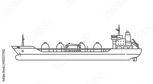 A detailed line drawing of a cargo ship, specifically a tanker, showcasing its long hull, multiple cargo tanks, and superstructure.