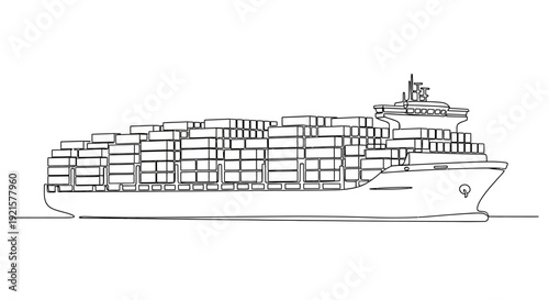 Continuous line drawing of a large cargo container ship loaded with numerous shipping containers, illustrating global logistics and maritime transport.