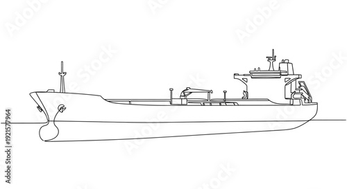 Line drawing of a large cargo tanker ship on water, viewed from the side, illustrating its structure and design.