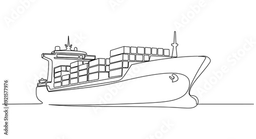 Continuous line drawing of a large cargo container ship sailing on the ocean, transporting goods globally for international trade.