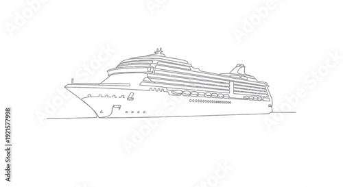 Detailed line drawing of a large passenger cruise ship sailing on the water, presented in a minimalist black and white illustration style.