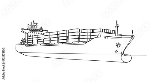 Line art illustration of a large cargo container ship sailing on the ocean, transporting goods globally.